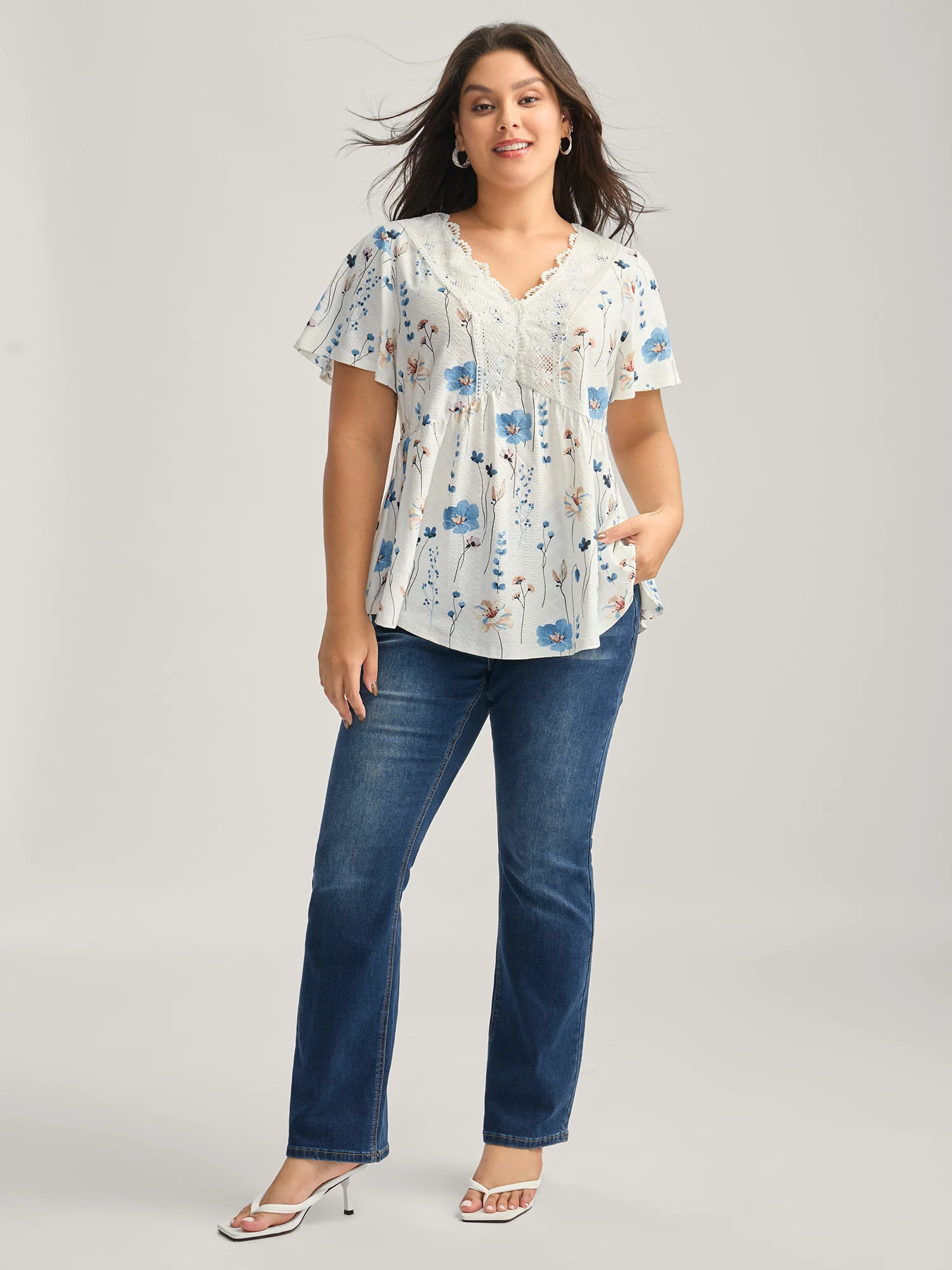 Floral Lace-Trimmed Textured Babydoll Top - Image 3