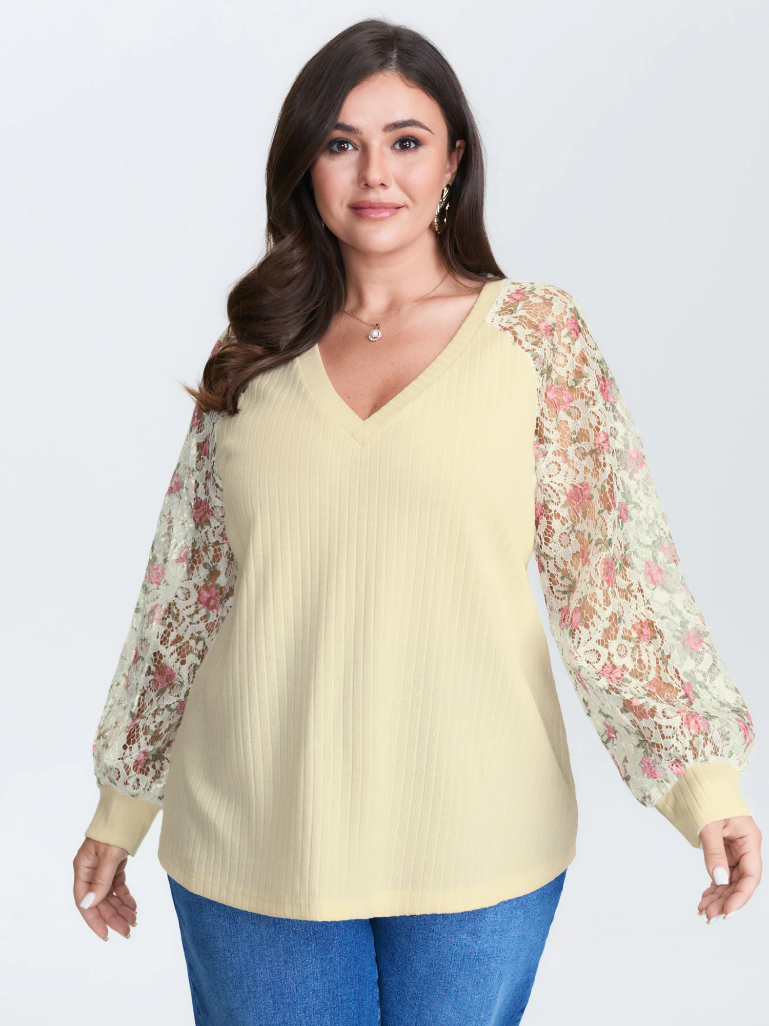 Floral Lace V-Neck Spliced Sweatshirt - Image 2