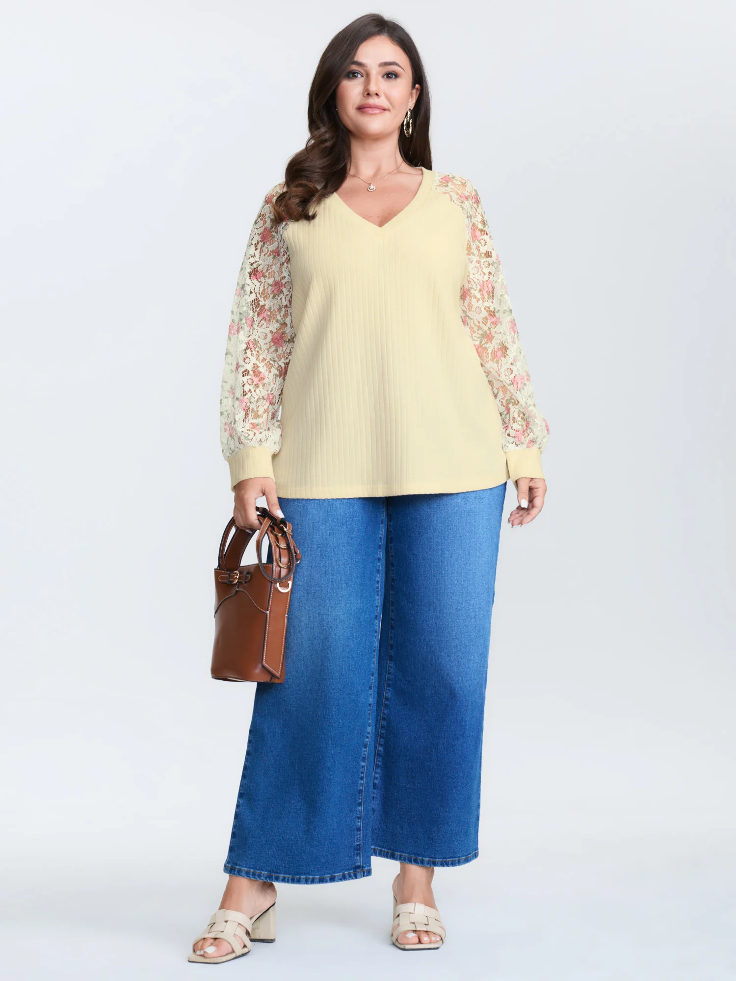 Floral Lace V-Neck Spliced Sweatshirt - Image 3