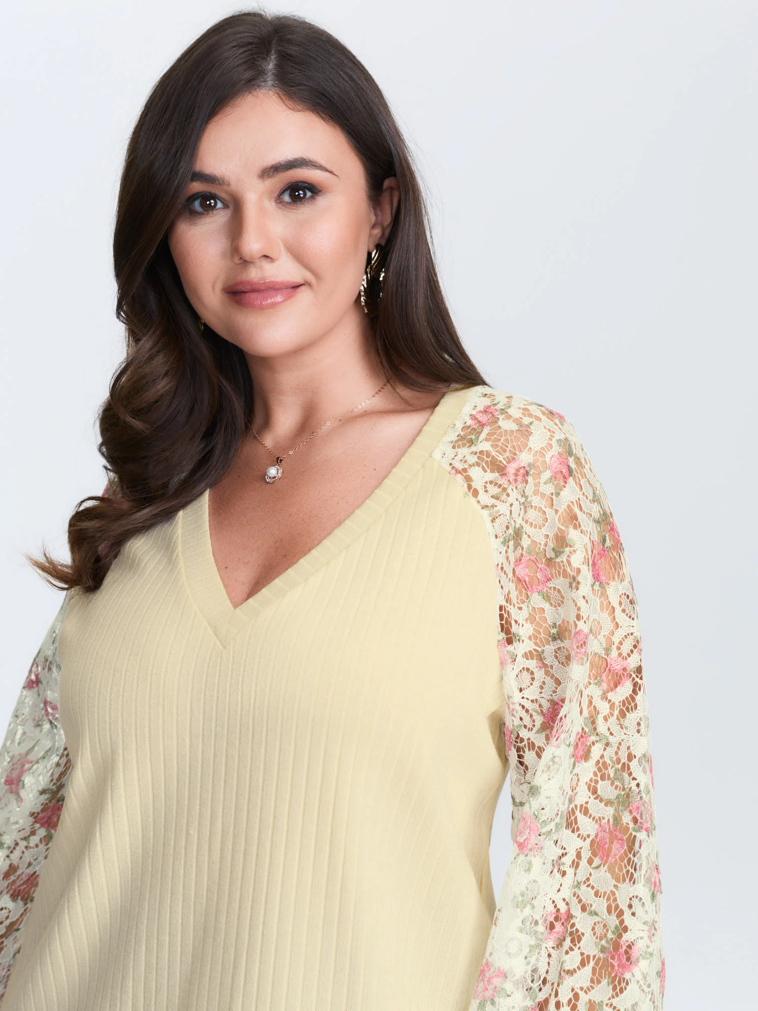 Floral Lace V-Neck Spliced Sweatshirt - Image 4