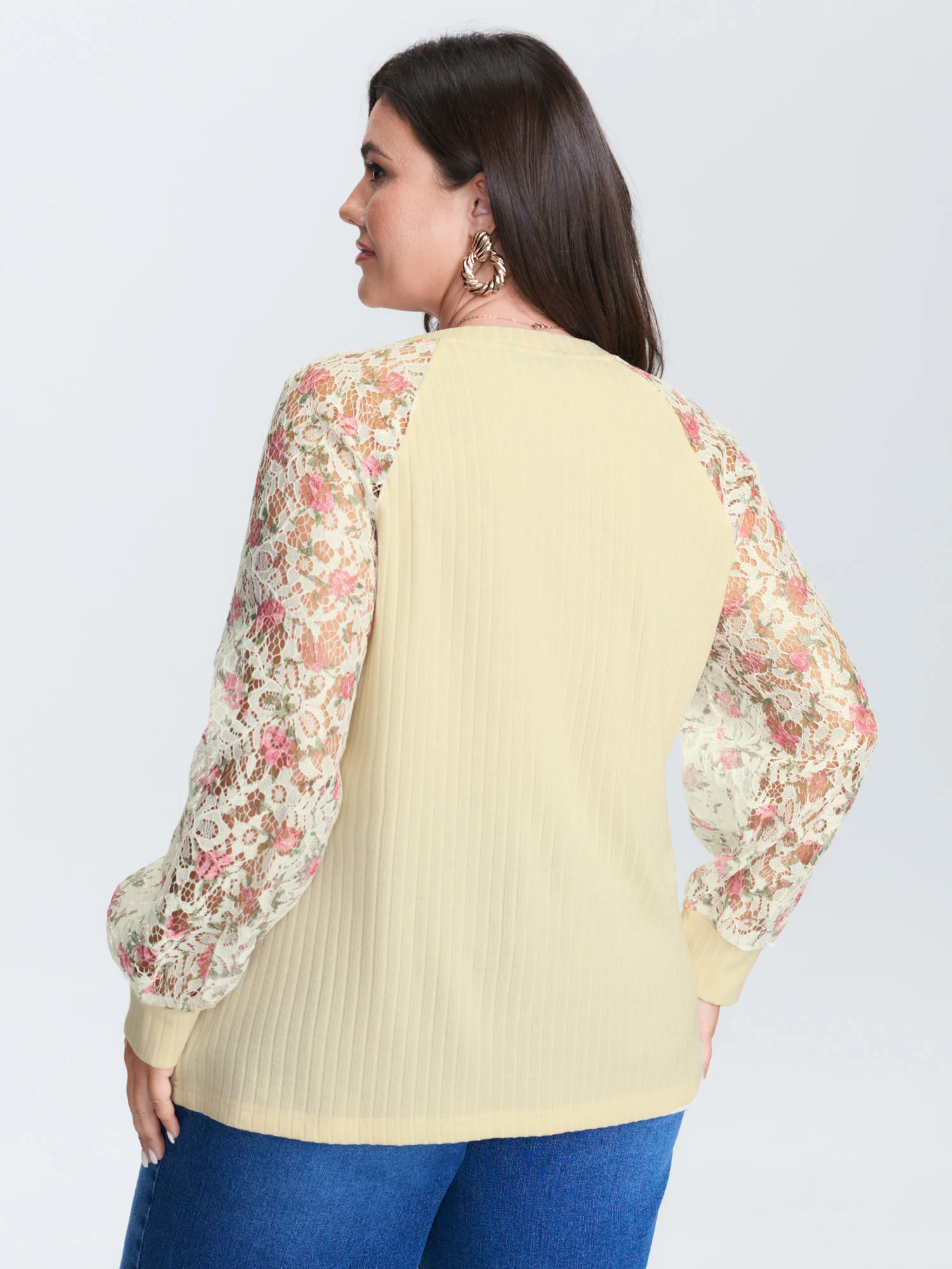 Floral Lace V-Neck Spliced Sweatshirt - Image 5