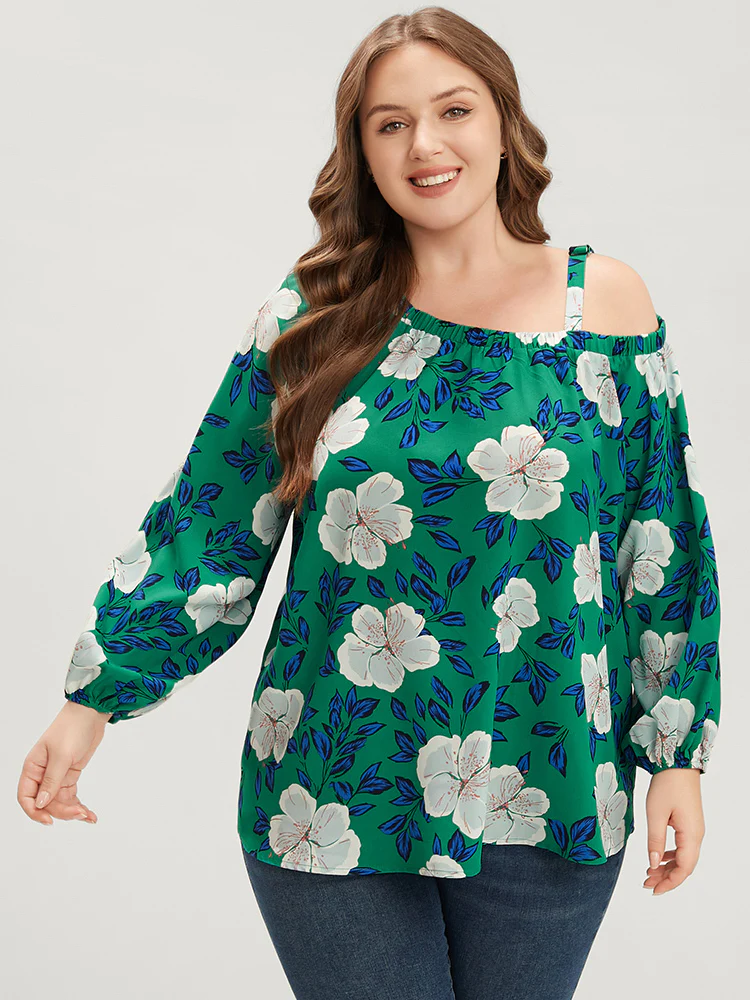 Floral Lantern Sleeve Adjustable Straps One Shoulder Blouse - Image 2