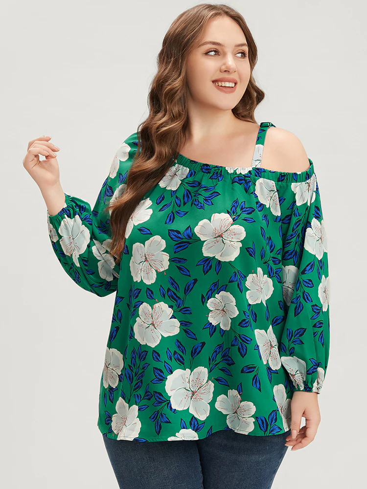 Floral Lantern Sleeve Adjustable Straps One Shoulder Blouse - Image 3