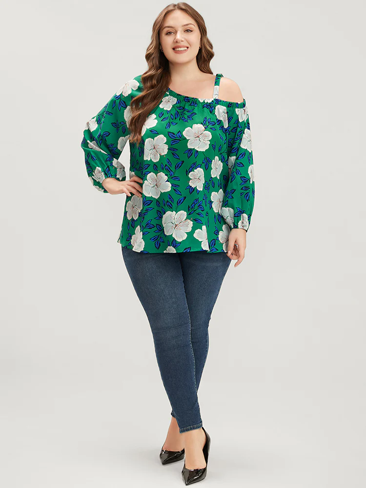 Floral Lantern Sleeve Adjustable Straps One Shoulder Blouse - Image 4