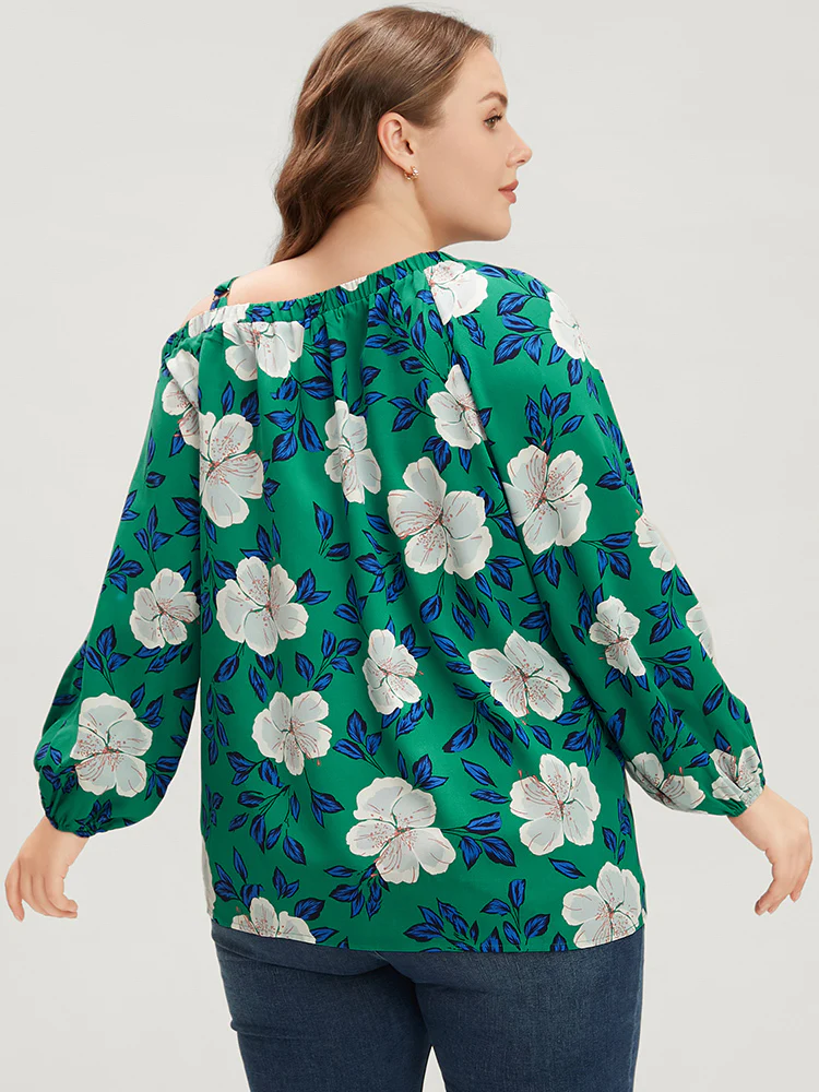 Floral Lantern Sleeve Adjustable Straps One Shoulder Blouse - Image 5