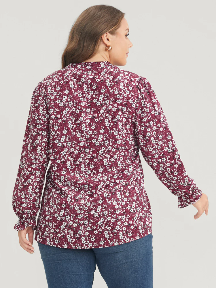 Floral Lantern Sleeve Arc Hem V Neck Blouse - Image 2