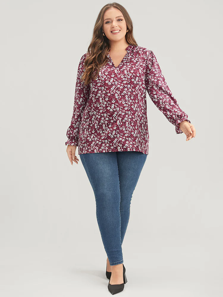 Floral Lantern Sleeve Arc Hem V Neck Blouse - Image 3