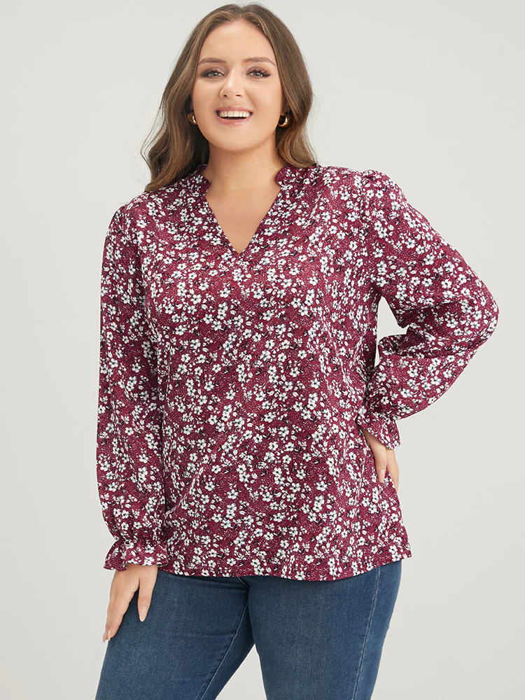Floral Lantern Sleeve Arc Hem V Neck Blouse - Image 4
