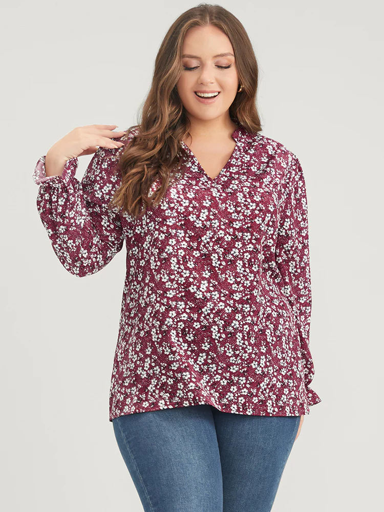 Floral Lantern Sleeve Arc Hem V Neck Blouse - Image 5