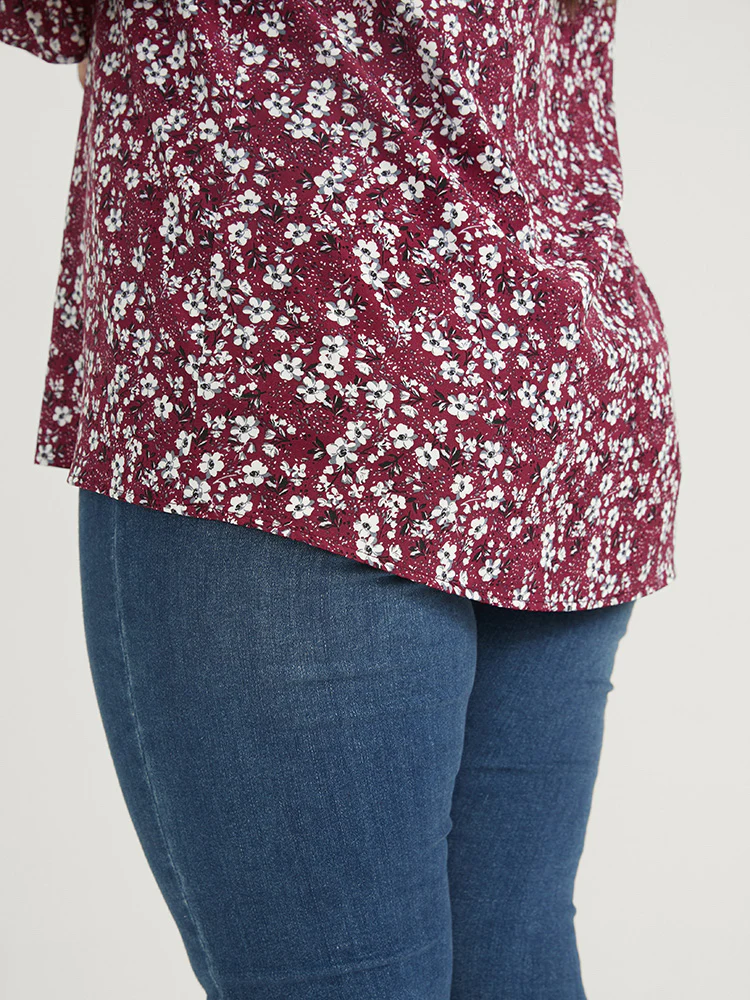 Floral Lantern Sleeve Arc Hem V Neck Blouse - Image 6