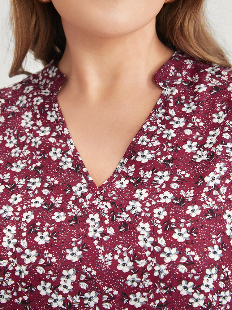 Floral Lantern Sleeve Arc Hem V Neck Blouse - Image 7