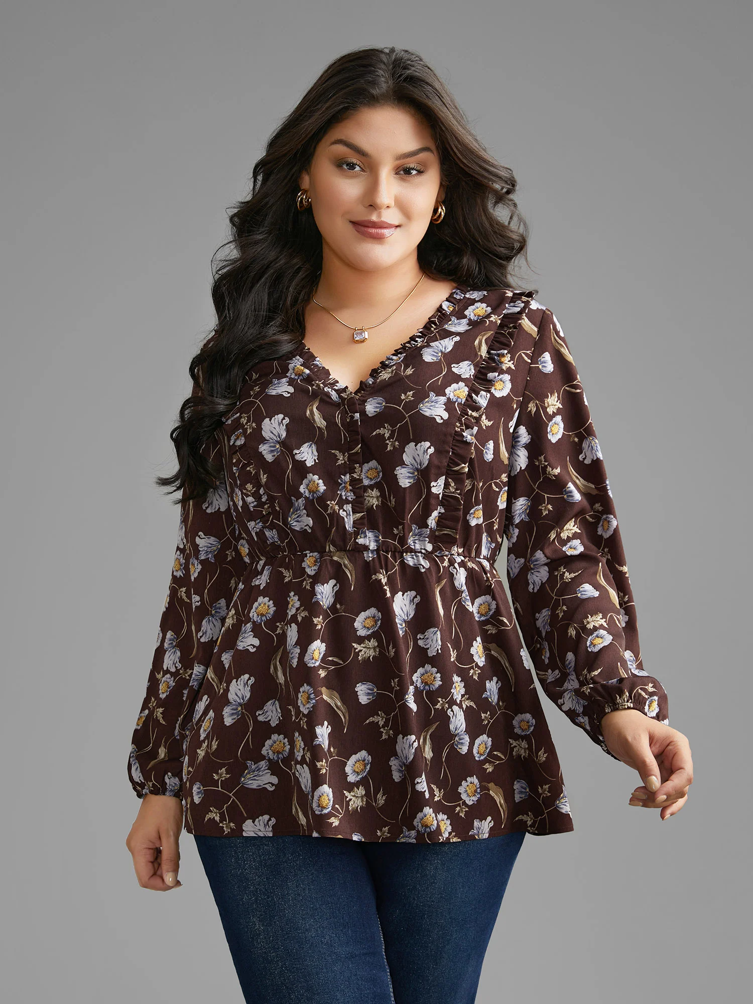 Floral Lantern Sleeve Frill Trim Blouse - Image 3