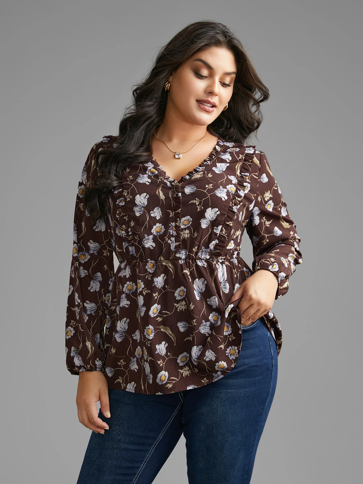 Floral Lantern Sleeve Frill Trim Blouse - Image 4