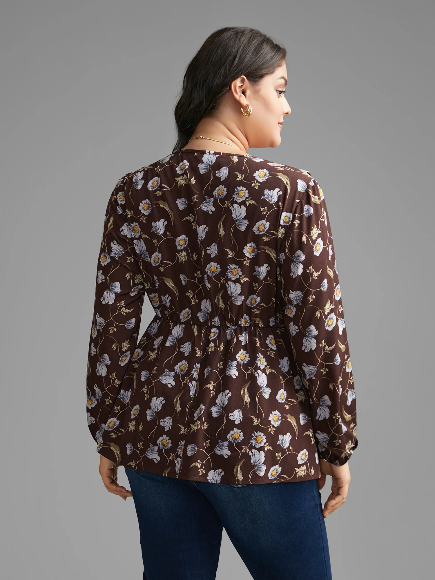 Floral Lantern Sleeve Frill Trim Blouse - Image 5