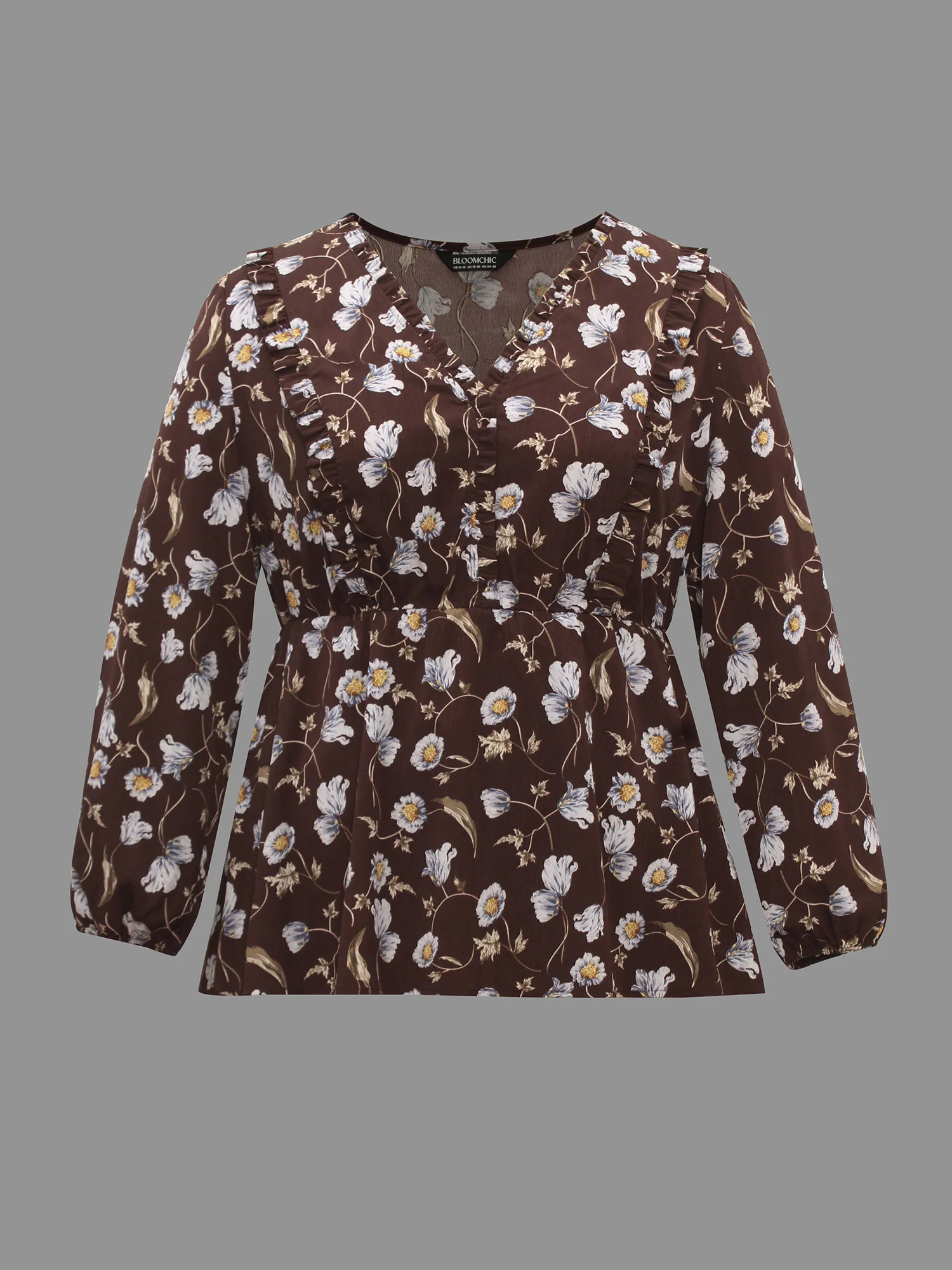 Floral Lantern Sleeve Frill Trim Blouse - Image 8
