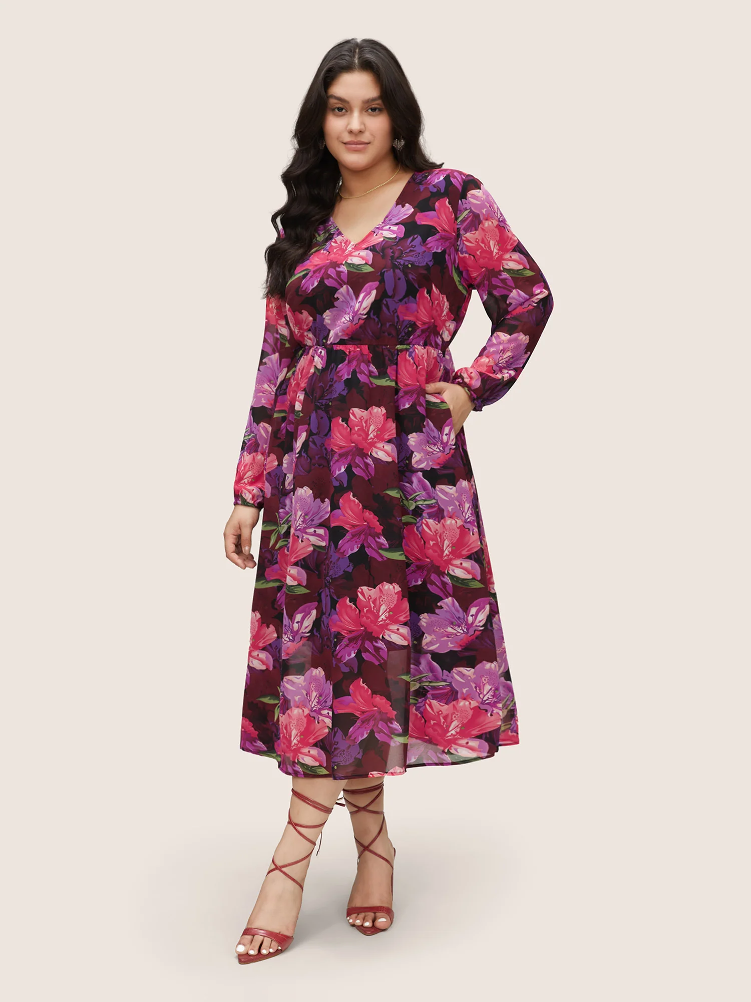 Floral Lantern Sleeve Mesh Elastic Waist Dress - Image 2