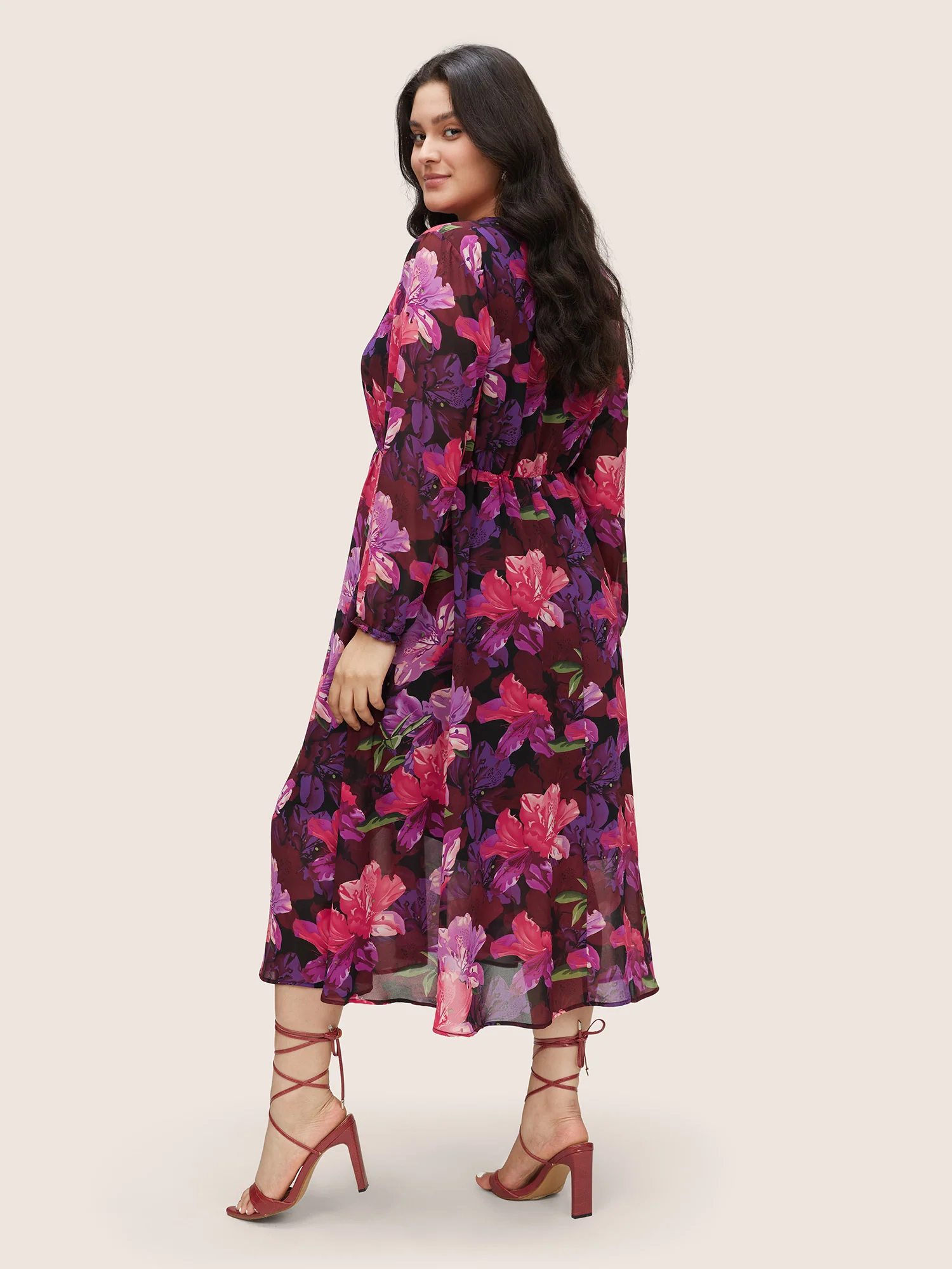 Floral Lantern Sleeve Mesh Elastic Waist Dress - Image 3
