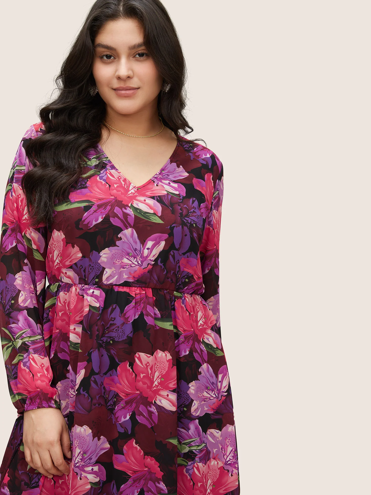 Floral Lantern Sleeve Mesh Elastic Waist Dress - Image 4