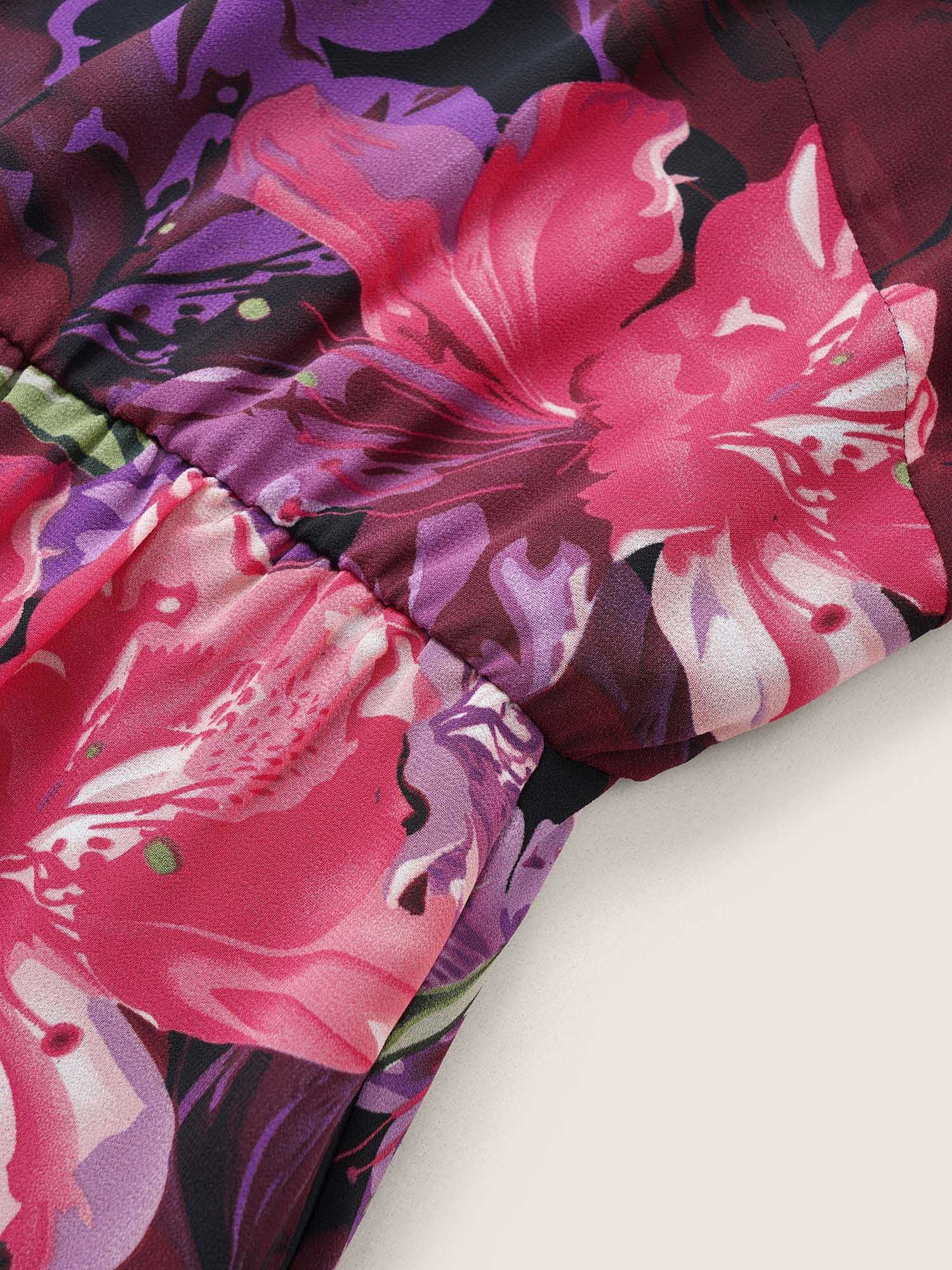Floral Lantern Sleeve Mesh Elastic Waist Dress - Image 6