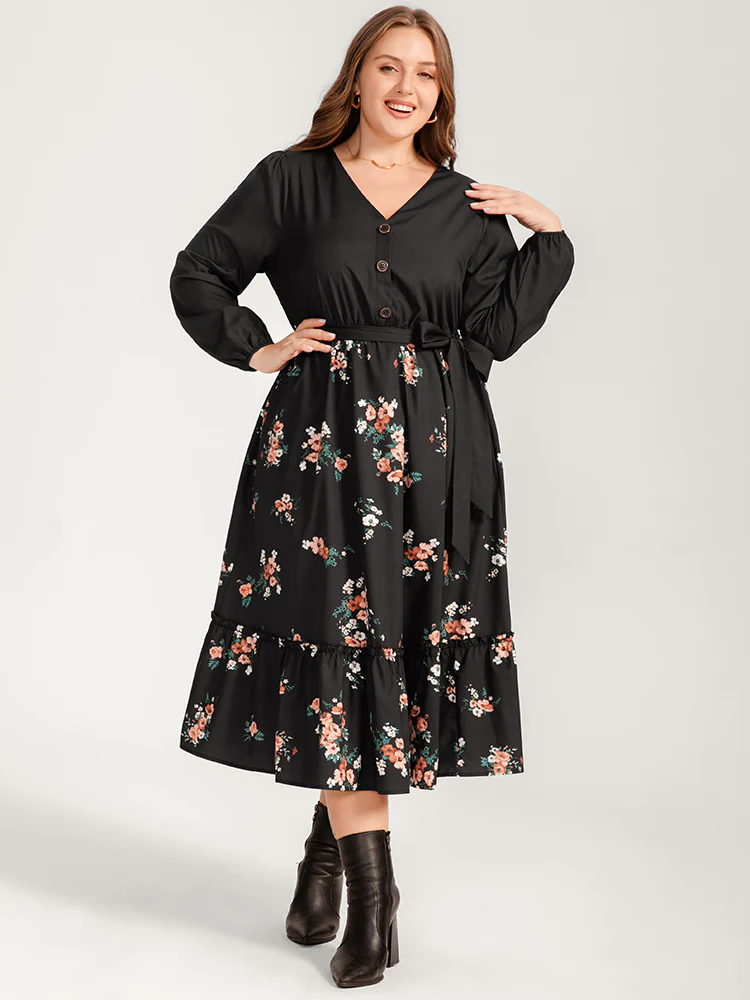 Floral Lantern Sleeve Pocket Belted Wrap Flutter Dress - Image 2