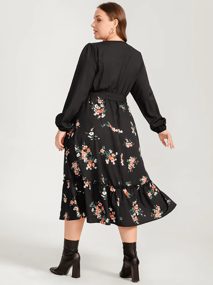 Floral Lantern Sleeve Pocket Belted Wrap Flutter Dress - Image 3