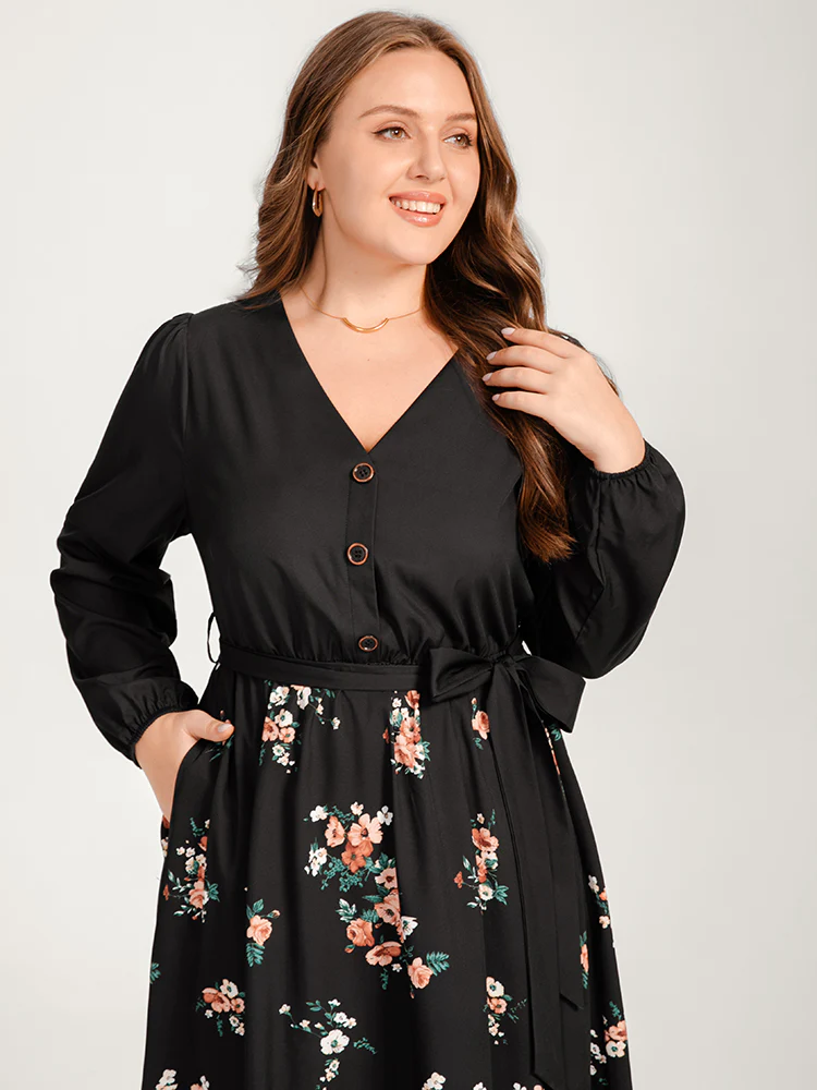 Floral Lantern Sleeve Pocket Belted Wrap Flutter Dress - Image 5