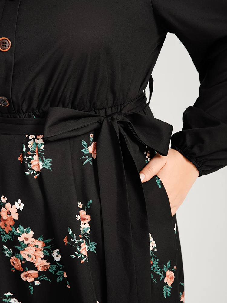 Floral Lantern Sleeve Pocket Belted Wrap Flutter Dress - Image 6