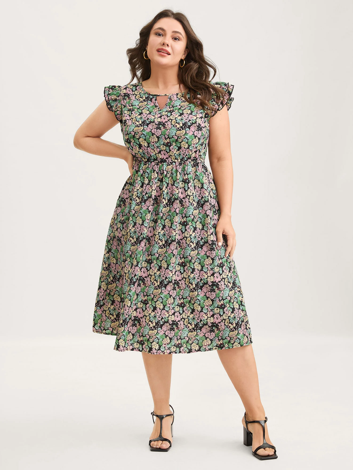 Floral Layered Ruffled Sleeve Midi Dress - Image 2