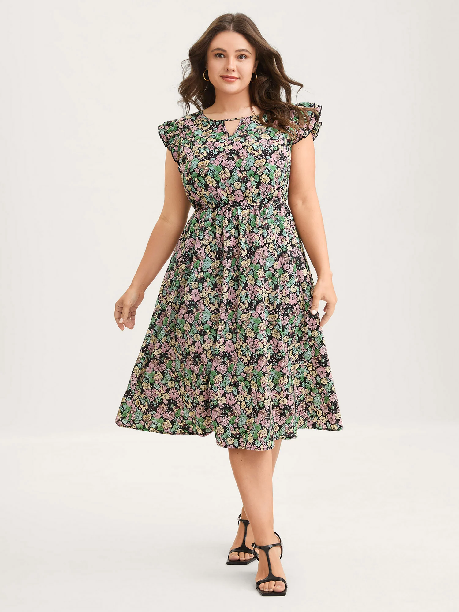 Floral Layered Ruffled Sleeve Midi Dress - Image 3