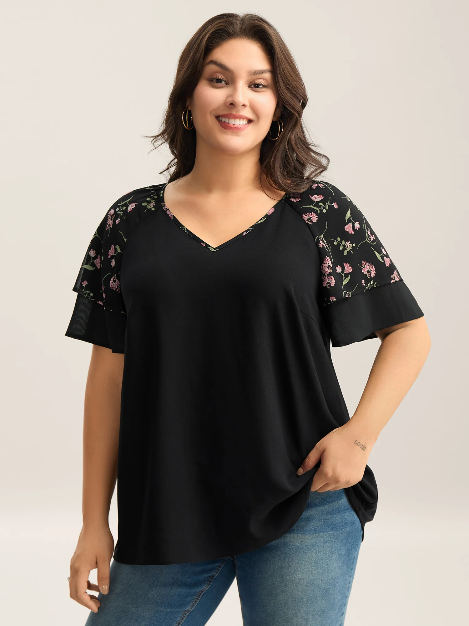 Floral Layered Sleeve Solid Blouse - Image 2