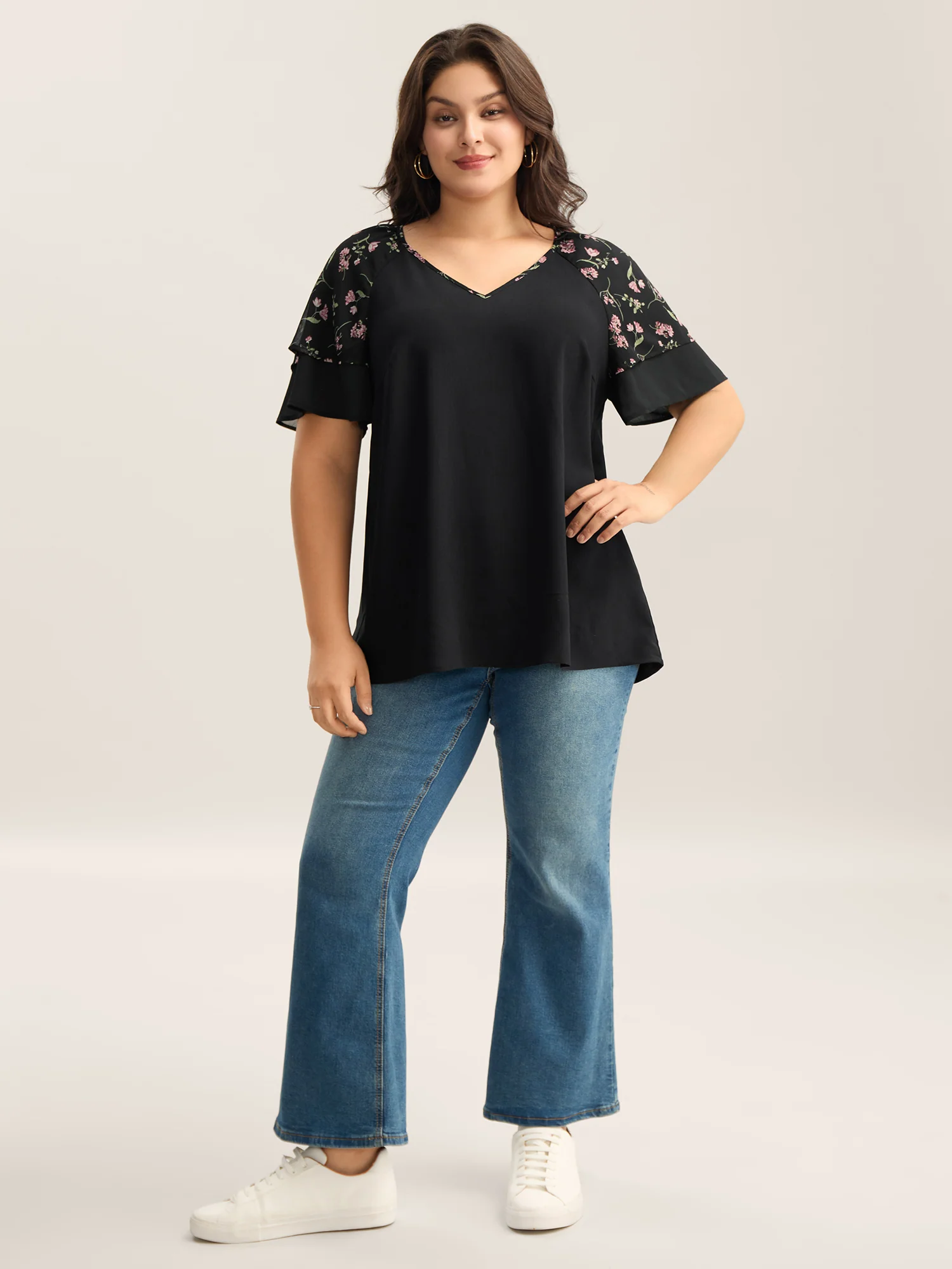 Floral Layered Sleeve Solid Blouse - Image 3