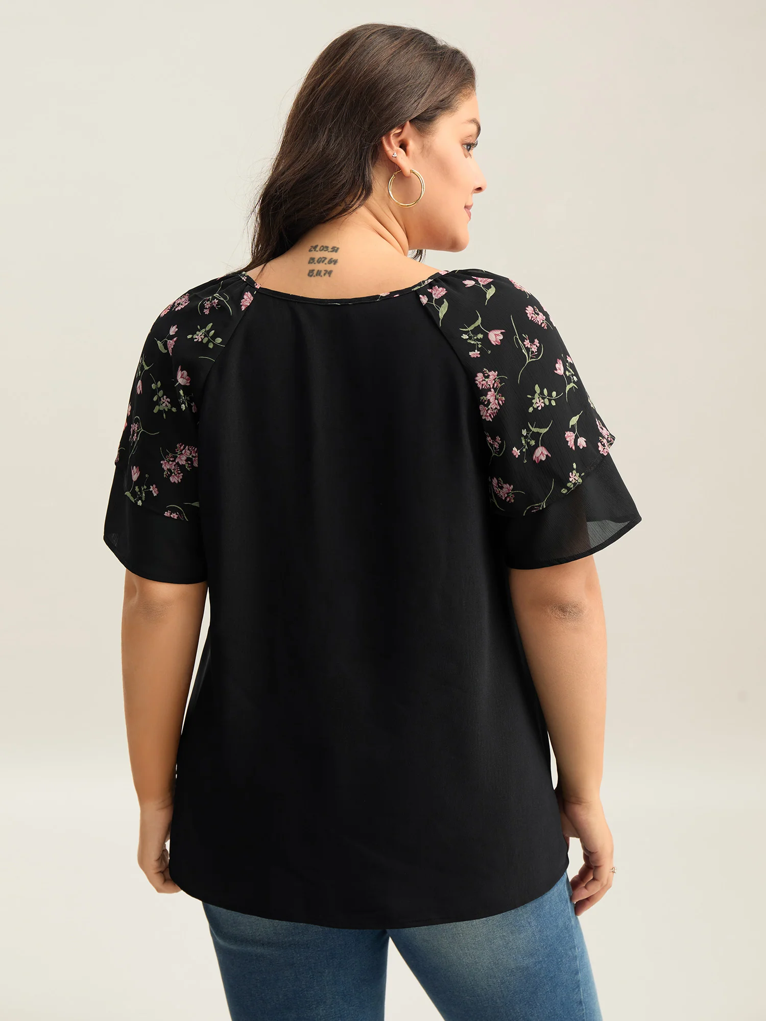 Floral Layered Sleeve Solid Blouse - Image 4