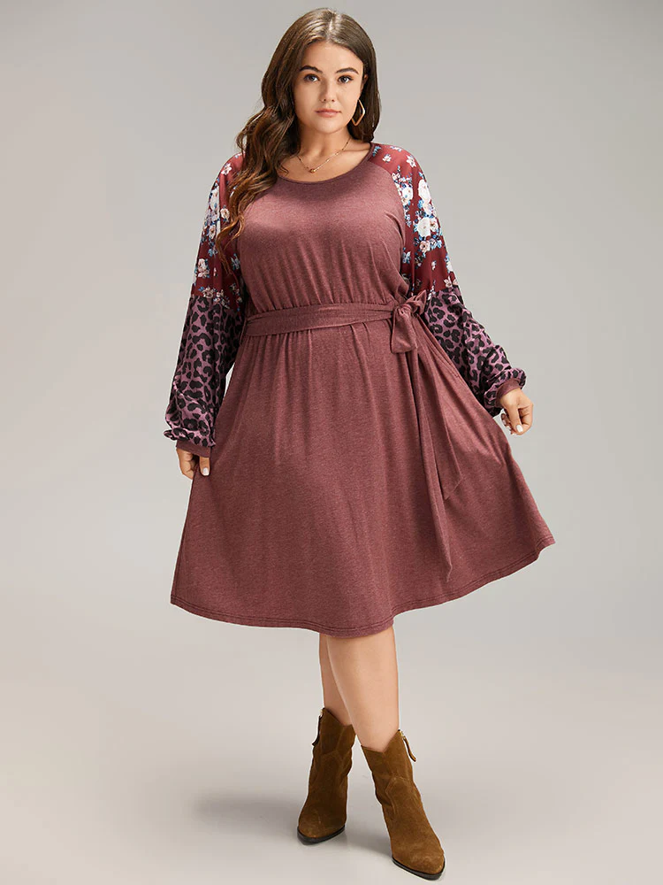 Floral Leopard Patchwork Belted Lantern Sleeve Dress - Image 2