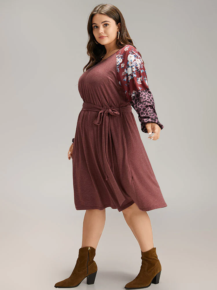 Floral Leopard Patchwork Belted Lantern Sleeve Dress - Image 3