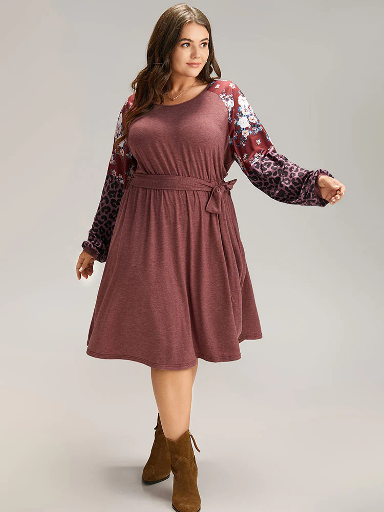 Floral Leopard Patchwork Belted Lantern Sleeve Dress - Image 4