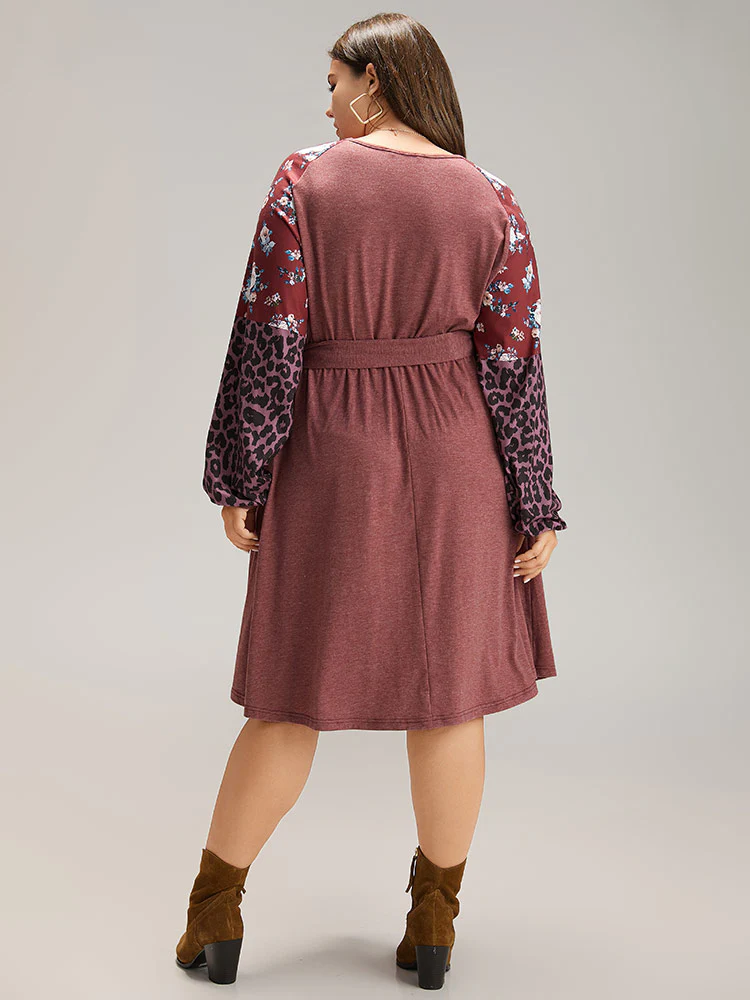 Floral Leopard Patchwork Belted Lantern Sleeve Dress - Image 5