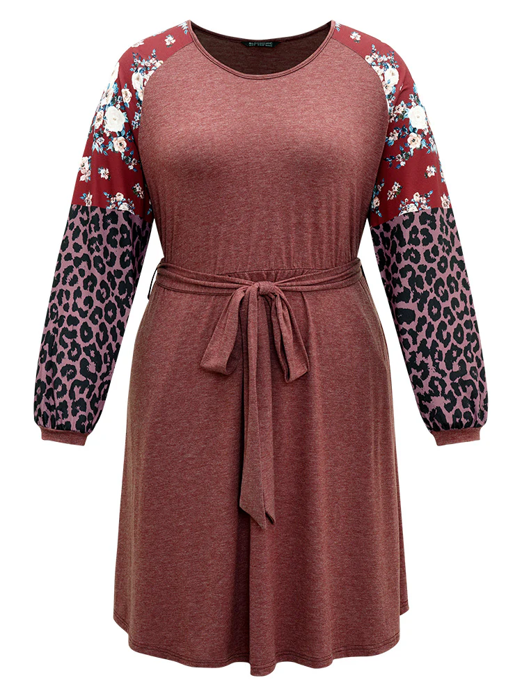 Floral Leopard Patchwork Belted Lantern Sleeve Dress - Image 8