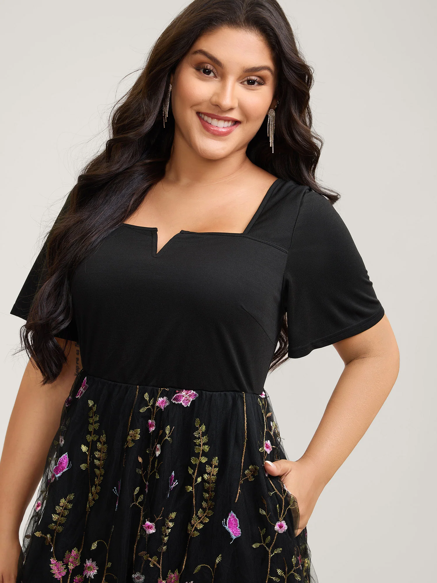 Floral Lined Contrast Square Neck Midi Dress - Image 2