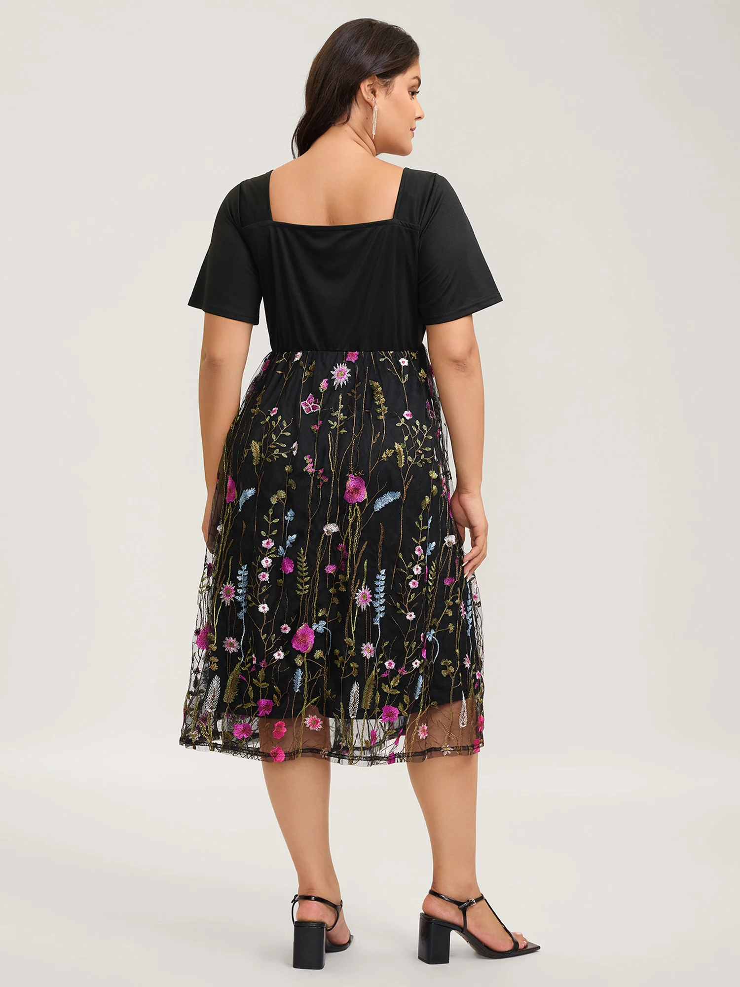 Floral Lined Contrast Square Neck Midi Dress - Image 4
