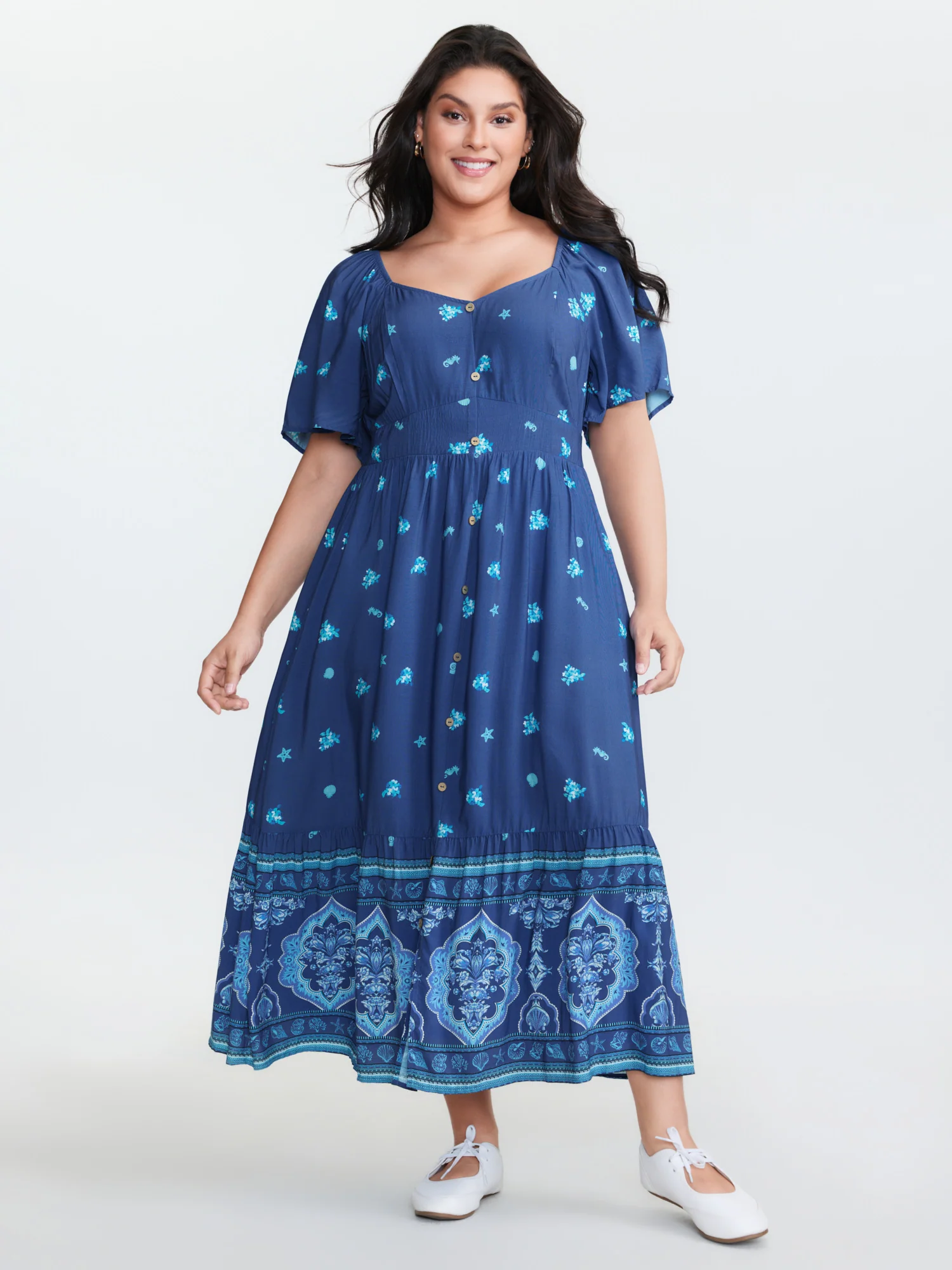 Floral Marine Print Pockets Button Maxi Dress