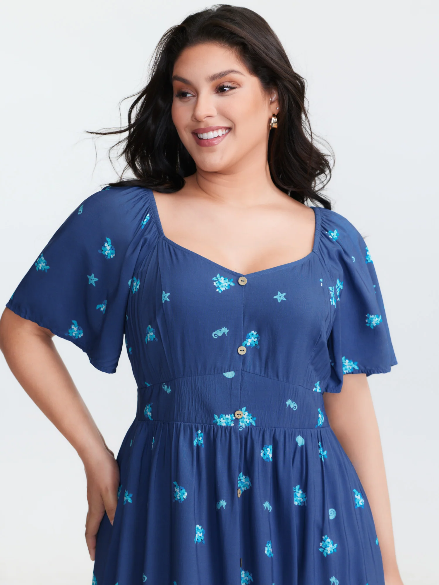 Floral Marine Print Pockets Button Maxi Dress - Image 2