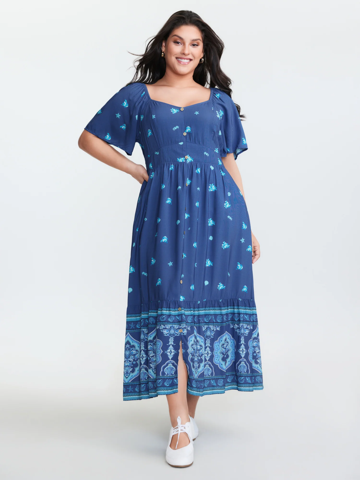 Floral Marine Print Pockets Button Maxi Dress - Image 3