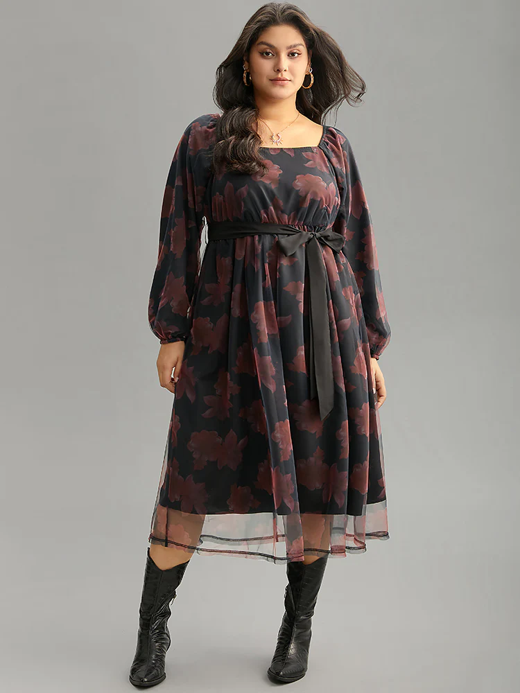 Floral Mesh Belted Gathered Lantern Sleeve Dress - Image 2