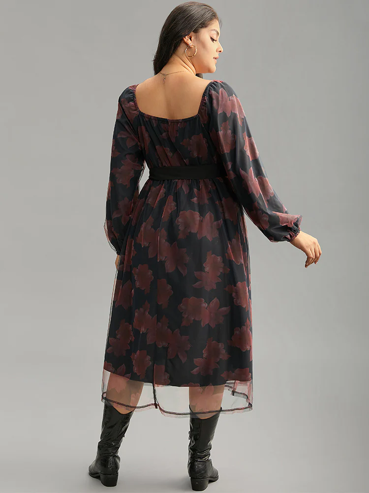 Floral Mesh Belted Gathered Lantern Sleeve Dress - Image 3