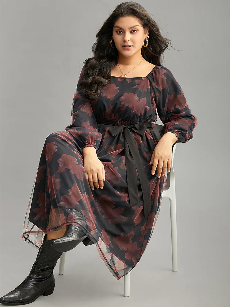 Floral Mesh Belted Gathered Lantern Sleeve Dress - Image 4