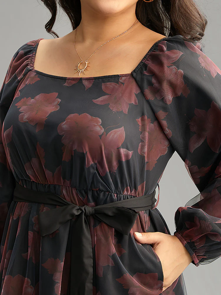 Floral Mesh Belted Gathered Lantern Sleeve Dress - Image 5