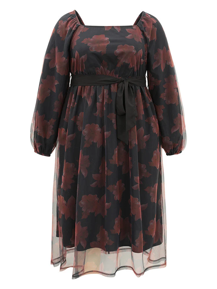 Floral Mesh Belted Gathered Lantern Sleeve Dress - Image 6