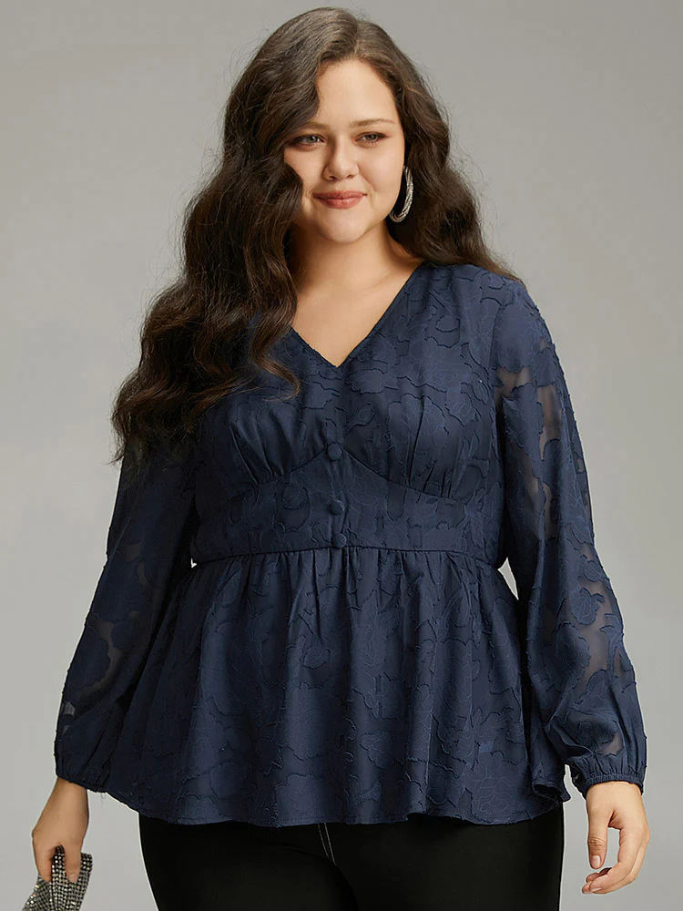 Floral Mesh Elastic Waist Button Detail Blouse