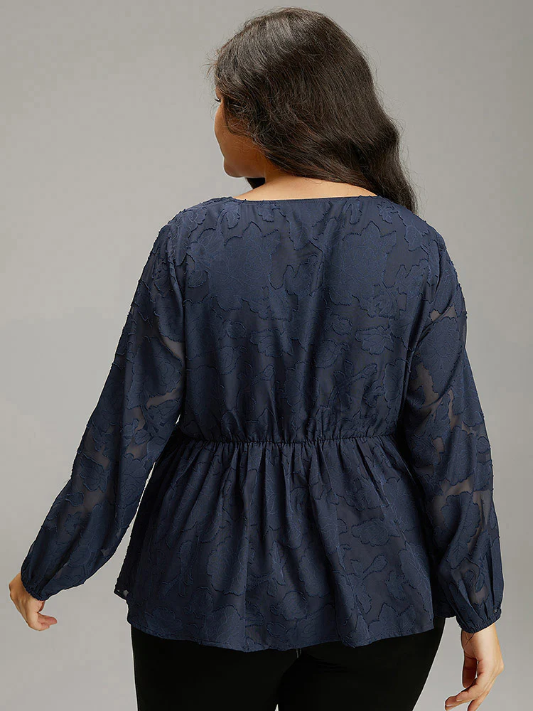 Floral Mesh Elastic Waist Button Detail Blouse - Image 2