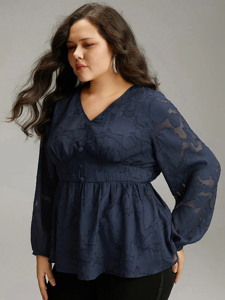Floral Mesh Elastic Waist Button Detail Blouse - Image 3